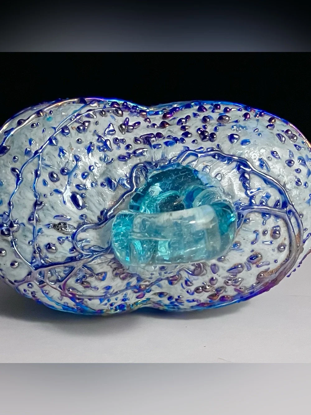 ART GLASS Iridescent Heart / SILVER & PEACOCK-BLUE / Thick, HAND-BLOWN Ornament